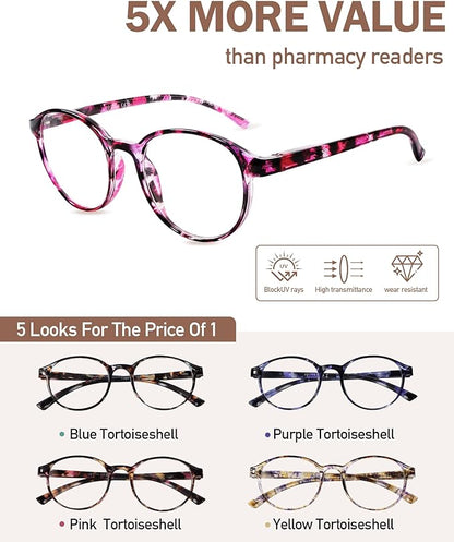 5 Pack Reading Glasses For Women,Blue Light Blocking Computer Reader Spring Hinge Eyeglasses