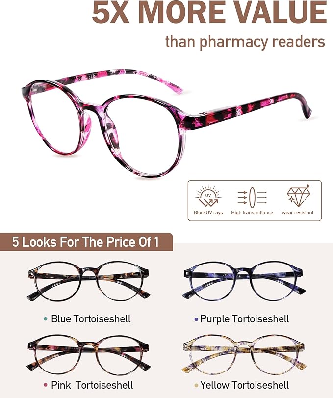 5 Pack Reading Glasses For Women,Blue Light Blocking Computer Reader Spring Hinge Eyeglasses