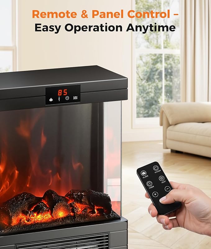 Electric Fireplace Stove Heater - Freestanding Fireplace Heater for Indoor Use with Realistic 3D Flame, Adjustable Thermostat & Remote, Quiet, Timer for Living Room and Bedroom