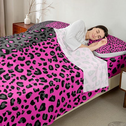 Manfei Leopard Print Sheet Set Queen Size Cheetah Bed Sheet Set 4pcs with Deep Pocket Fitted Sheet + Flat Sheet + 2 Pillowcases Black and Purple Animals Soft Bedding Set for Kids Teens Boys Girls