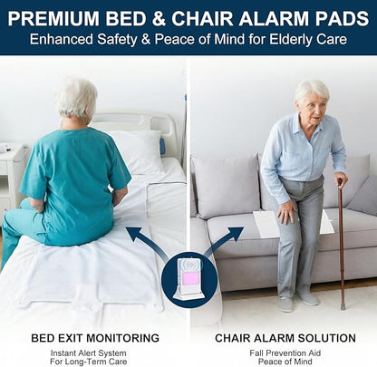 Bed Alarm for Elderly Adults & Chair Alarm Set with Sensor Pad - Fall Prevention Alert System for Seniors, Dementia Patients, Alzheimer Care - Adjustable Volume Caregiver Monitor