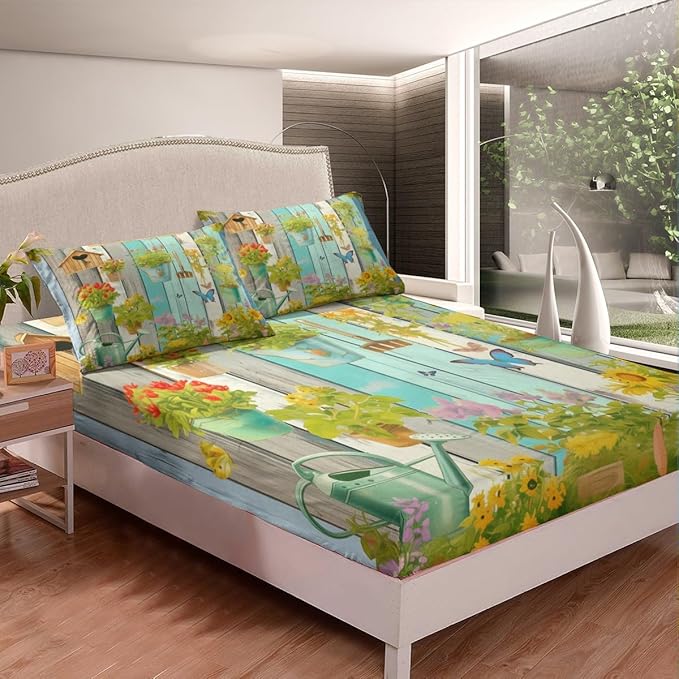 Gardener Kids Sheet Queen Size,Gardening Tools Potted Plants Flowers Bedding Set,Boys Girls Room Decor,Wooden Plank Geometric Rustic Green Retro Bed Sheet Set 4pcs(Fitted + Flat + 2 Pillowcases)