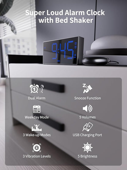 ROCAM Loud Vibrating Alarm Clock with Bed Shaker, Bed Shaker Alarm Clock for Heavy Sleepers/Hearing Impaired/Deaf, Dual Alarm with Weekday/Weekend Mode, Large Display Digital Clock with Dimmer, Snooze