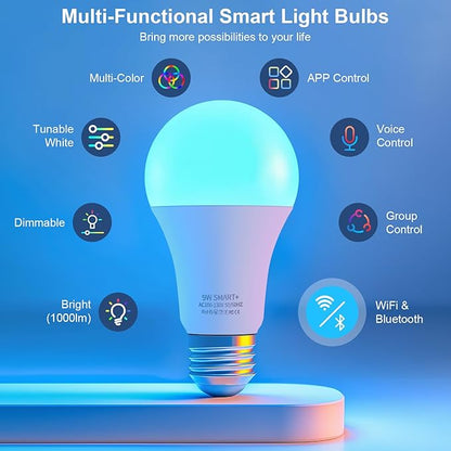 FRIDEKO HOME LED Smart Light Bulbs - Wi-Fi & Bluetooth Light Bulbs, Color Changing Light Bulb Compatible with Alexa and Google Assistant, A19 E26 RGBTW Light Bulb, 800LM (2 Pack)