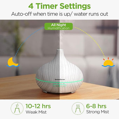 InnoGear Aromatherapy Diffuser & 10 Essential Oils Set, 400ml Diffuser Ultrasonic Diffuser Cool Mist Humidifier with 4 Timers 7 Colors Light Waterless Auto Off for Large Room Office, White Grey