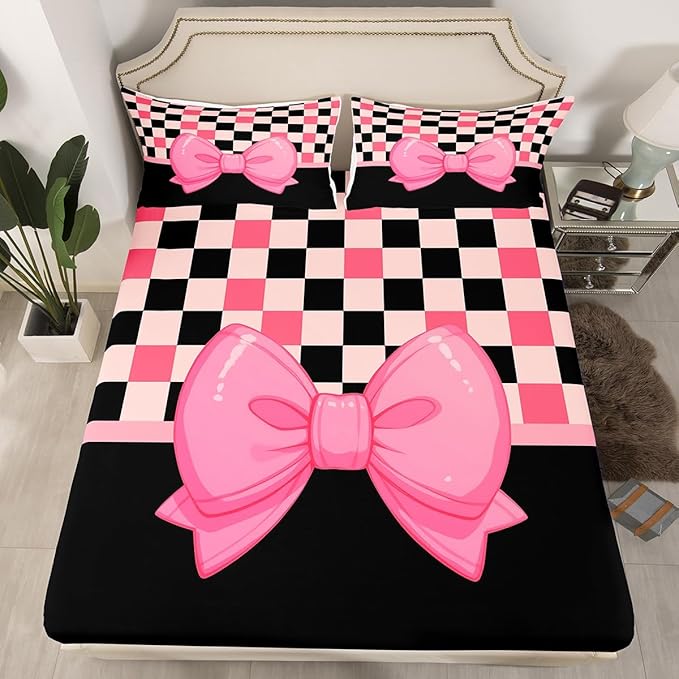 Cartoon Bowknot Fitted Sheet Kawaii Bow-tie Princess Style Bed Sheet Set for Kids Children Teens Pink Black Cute Bow Geometric Grids Lines Patchwork Bed Cover Toddler Bedroom Decor,Twin Size