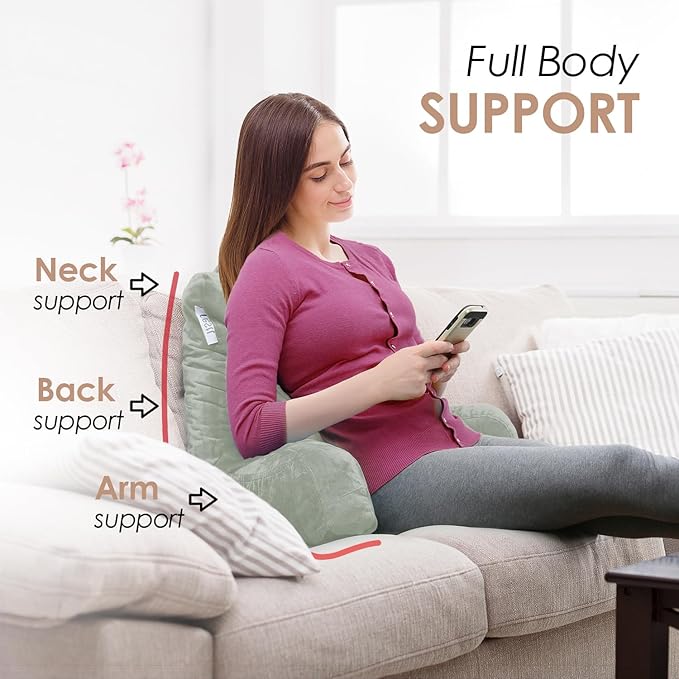 Nestl Reading Pillow with Shredded Memory Foam, Designed for Sitting Up in Bed and Couch, Back and Arms Adjustable Support for Adult & Teens Backrest Pillows for Reading with Washable Cover Sage Green