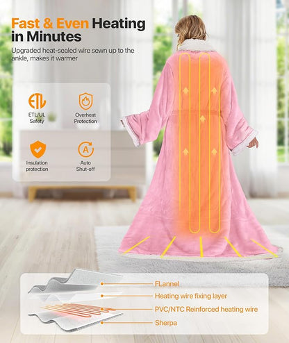 SIHOHAN Heated Throw Blanket Wearable Blanket Throw with Foot Pockets, Sleeves Flannel & Sherpa Wearable Blanket 8 Heating Levels & Timer Snuggle Blankets for Home Office-Electric Blanket 50*60" Pink