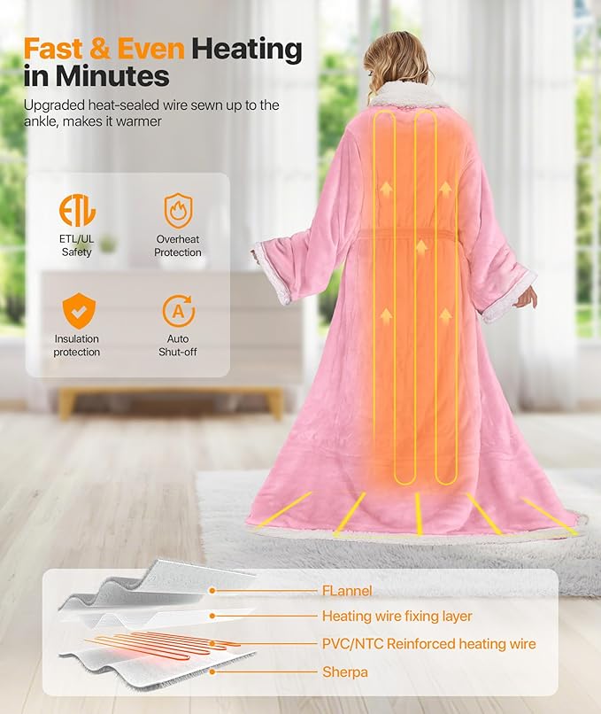 Portable Heated Blanket - Wearable Heated Blanket Throw with Foot Pockets, Sleeves Flannel Sherpa Wearable Blanket 8 Heating Levels & Timer Snuggle Blankets for Home Office-50*70" Pink Robes for Women