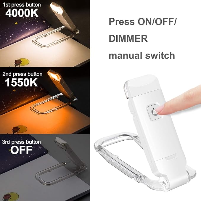 BIGLIGHT Amber Book Reading Light, LED Clip on Book Lights, Reading Lights for Books in Bed, Small Book Light for Kids, USB Rechargeable, 2 Brightness Adjustable for Eye Protection, White