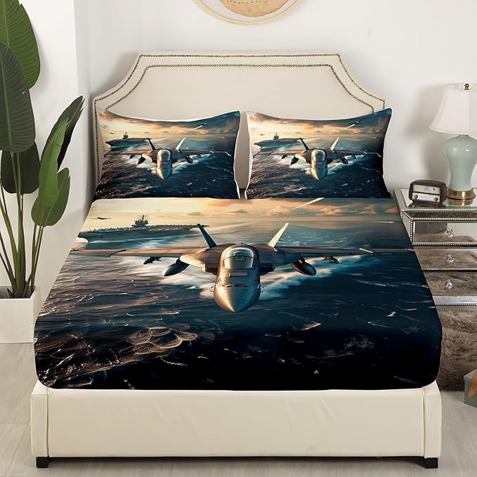 Fighter Aricraft Kids Fitted Sheet Full Size,Warplane Warship Aviation Airplane Modern Fashion Bedding Set,Boys Men Room Decor,Sea Surface Sunset Bed Cover,Grey Bed Sheet,2 Pillowcases