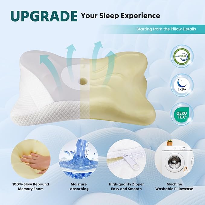 DUMOS Cervical Neck Pillow Set of 2, Cooling Memory Foam Contour Pillow with Arm Rest Slot and Ice Silk Pillowcase, Ergonomic Dual-Height Orthopedic Support for Side, Back, and Stomach Sleepers, Grey