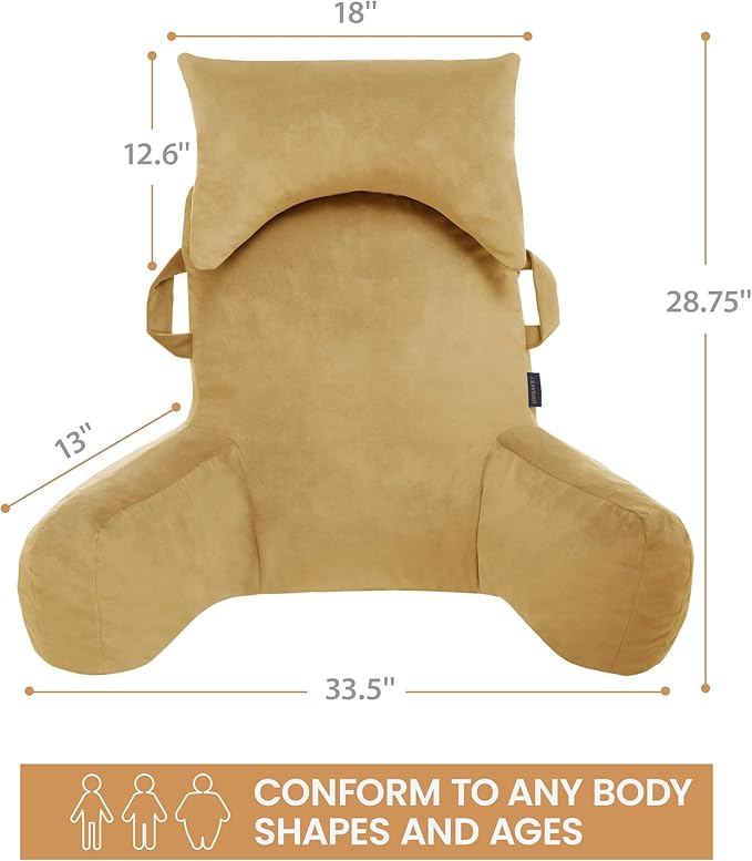Portable Reading Pillows with Headrest for Bed Sitting Up(Camel Oeko-Tex), Velvet Back Pillow with Arms & Pockets for Adults, Support Memory Foam Bed Pillow for Dorm/Reading/Watching/Gaming