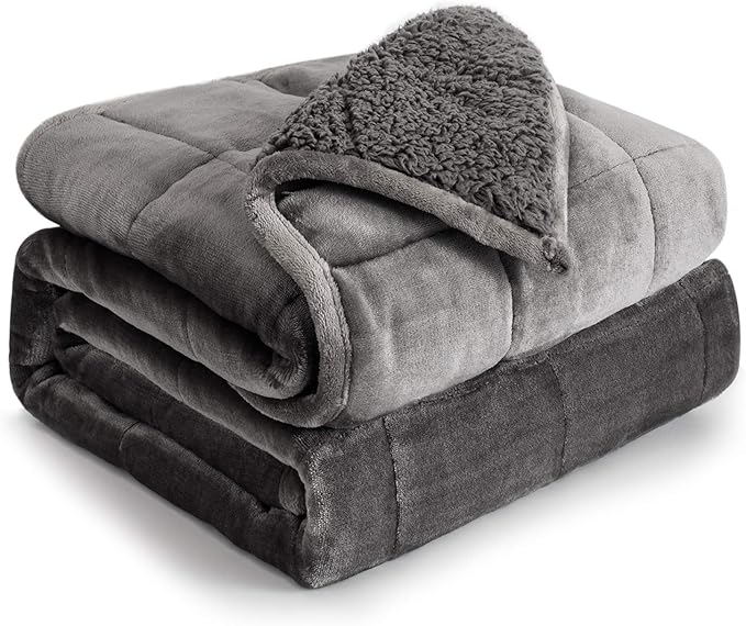 Cottonblue Sherpa Fleece Weighted Blanket 15 lbs for Adult, Flannel Cozy Plush Bed Blankets, Fuzzy Sherpa Weighted Blankets Full Size, Minky Soft Blanket for Sofa Bed, 48 x 72 inches, Grey