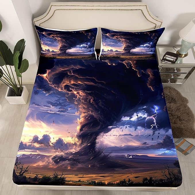 3D Tornado Fitted Sheet Twin Size,Mystic Sky Purple Lightning Paint Bed Sheet with 1 Pillowcase,Natural Disaster Desert Sky Clouds View Soft Decorative Fabric Bedding,Room Gift