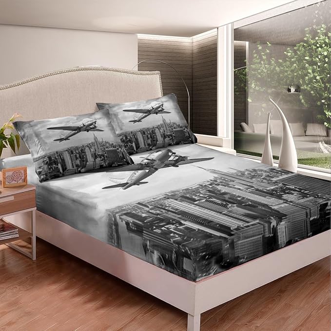 Airplane Kids Fitted Sheet Full Size,Modern Building Fashion Bedding Set,Boys Girls Room Decor,Flying Aircraft Aviation Theme Bed Cover,Grey Retro Bed Sheet,2 Pillowcases