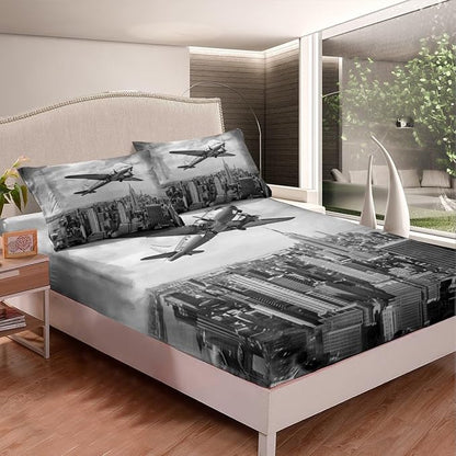 Airplane Kids Fitted Sheet Queen Size,Modern Building Fashion Bedding Set,Boys Girls Room Decor,Flying Aircraft Aviation Theme Bed Cover,Grey Retro Bed Sheet,2 Pillowcases