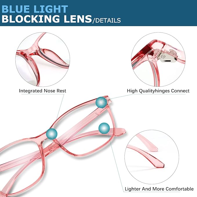 Blue-Light Blocking Glasses Computer Reading/Gaming/TV/Phones Glasses Fashion Anti Eyestrain UV Glasses for Women Men（D7 Gray + Transparent + Pink）