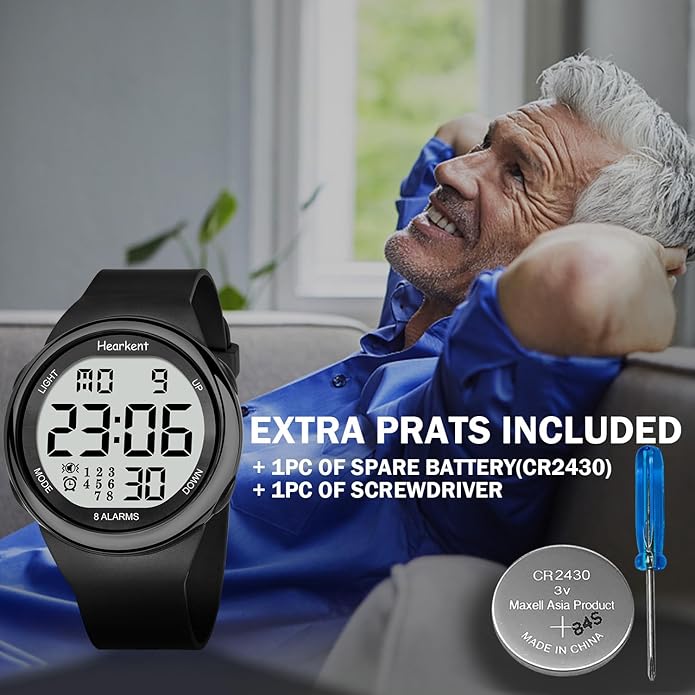 8 Vibrating Alarm Watch Medication Reminder Watch for Elderly Big Number Digital, Silent Alarm Wristband with Light and Timer 50 M Waterproof Watch