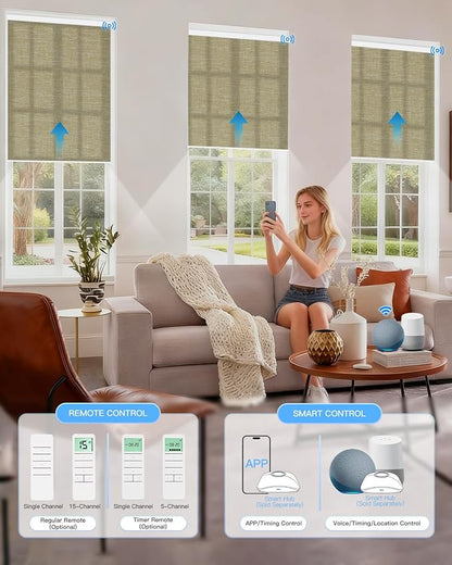 Motorized Light Filtering Roller Shades with Remote Control, Smart Blinds for Windows Compatible with Alexa Google via Hub, Rechargeable Electric Window Shade Customized Size (Coffee)