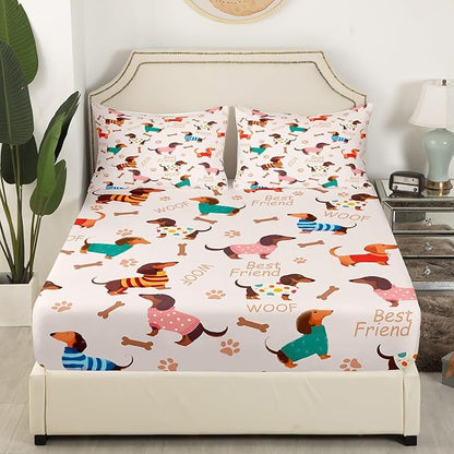 Cute Dachshund Fitted Sheet Twin 2 Pcs,Cartoon Puppy Long Body Soft Microfiber Sheets Breathable Bedding,Dog Footprint Bone Silhouette Bedsheet with Deep Pocket