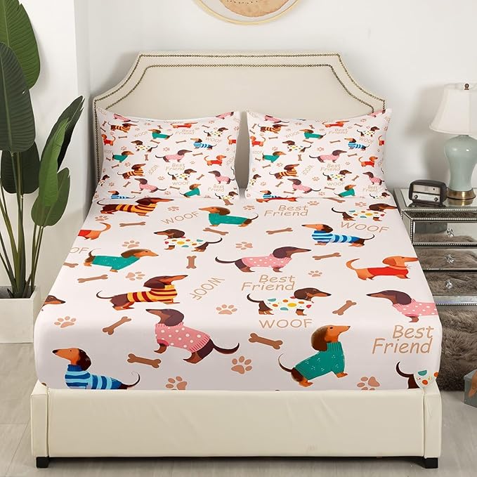 Cute Dachshund Fitted Sheet Queen 3 Pcs,Cartoon Puppy Long Body Soft Microfiber Sheets Breathable Bedding,Dog Footprint Bone Silhouette Bedsheet with Deep Pocket