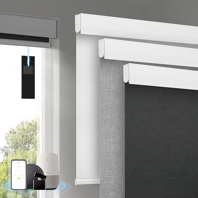Motorized Blinds with Remote, [Free Solar Panels] Cordless Smart Blinds with Valance Cover, Blackout Electric Blinds with Remote Control, Automatic Roller Shades for Windows Light Black 35" W x 72" H
