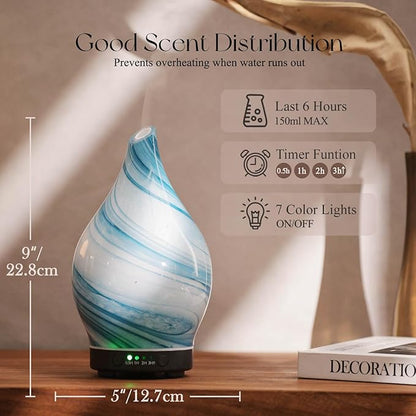 Porseme 150ml Essential Oil Diffuser Glass Color Changing Aroma Air Diffusers Aromatherapy Ultrasonic Cool Mist Humidifier 6 Running Hours Waterless Auto-Off for Sleeping Yoga Office Spa (Blue Ink)