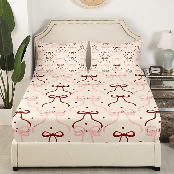 Bowknot Ribbon Bed Sheet Set Home Decor Princess Red Pink Bow-tie Dreamy Girly Sheet Sets Deep Pocket,Cute Polka Dots Vintage Beige Mattress Cover,Twin Size with 1 Pillowcase