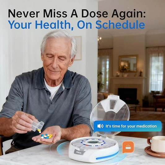 VEXA VitaMate Pro 21 Smart Pill Dispenser with Automatic Rotation, Rising Pill Containers, Sound & Light Alerts, App-Controlled Medication Reminder and Tracker for Tablets, Capsules & Supplements