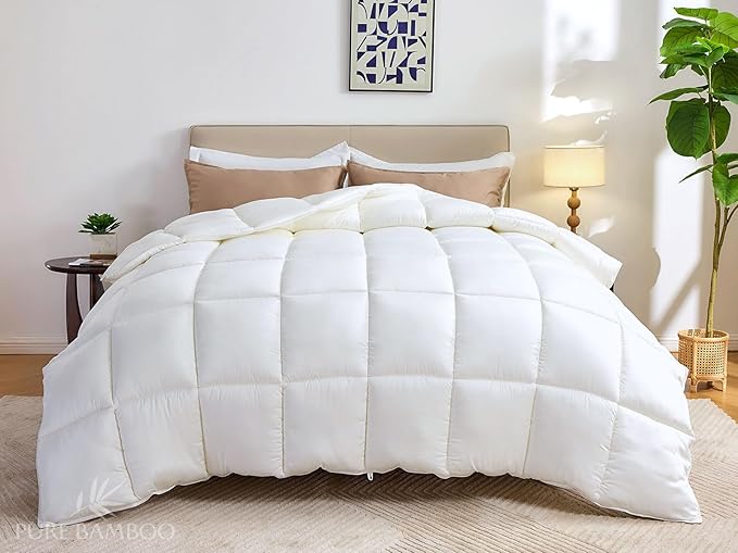 Pure Bamboo Duvet Insert Queen Size (90x92 in) - Ultra Soft Quilted Duvet Insert with 8 Corner & Side Loops, Double Stitching, Satin Piping - Luxuriously Soft (Queen, Heavyweight)