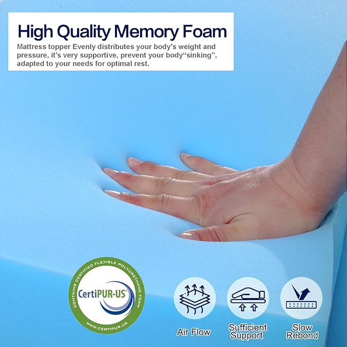 Mattress Topper Full Size, Memory Foam Mattress Topper Full 3 Inch High Density Mattress Pad Comfort Cooling, Bed Topper with Removable Cover, 4 Elastic Straps White, CertiPUR-US Certified