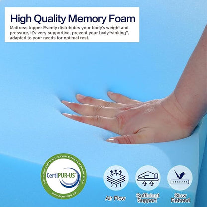 Mattress Topper Full Size, Memory Foam Mattress Topper Full 3 Inch High Density Mattress Pad Comfort Cooling, Bed Topper with Removable Cover, 4 Elastic Straps White, CertiPUR-US Certified