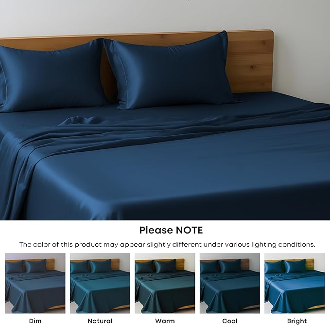 LINENWALAS Queen Size Flat Sheet Only - Rayon Derived from Bamboo Silk Bed Sheet, Premium Breathable Cooling Sheet, Soft Organic Top Bed Sheet (Queen, Navy Blue)