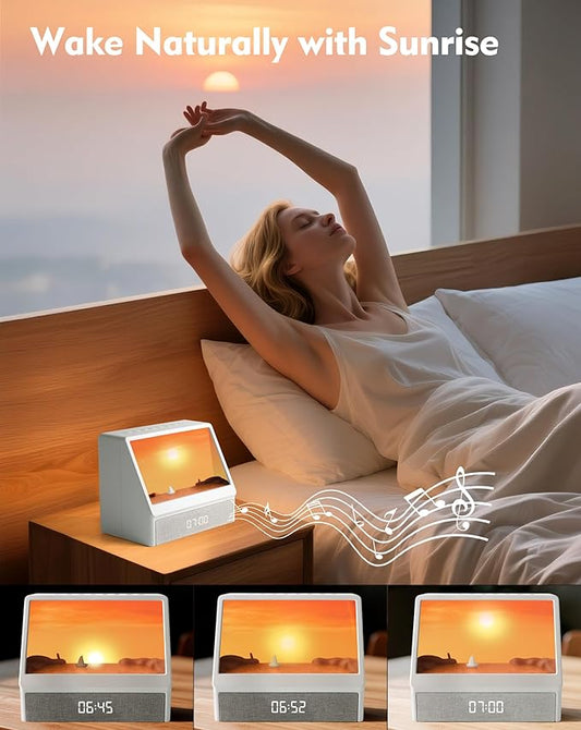 Sunrise Alarm Clock with Sound Machine, Sunlight Alarm Clock with 10 Scene Simulations for Sleep, 12 White Noise Sound Machine with Bluetooth Speaker