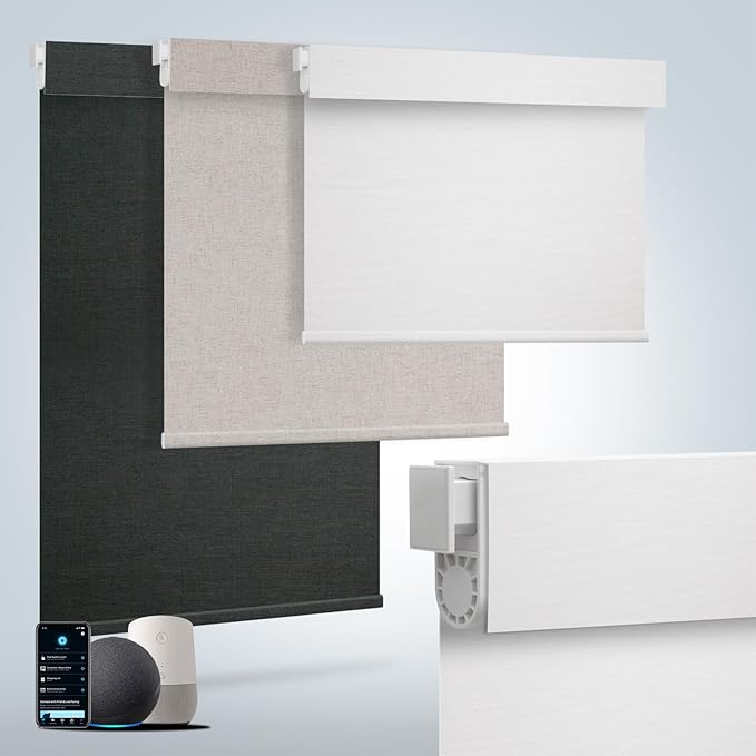 Motorized Blinds for Windows - Hapadif Roller Window Shades with Remote, No-Drill Installation, Cordless Automatic Blackout Electric Blinds, Adjustable Height, Easy to Use (White, 48 x 72)