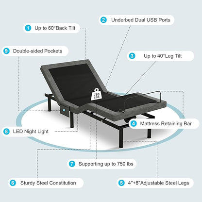 Vipbear Twin XL Adjustable Bed Base - Dual Motor Bed Frame with Wireless Remote, Zero Gravity/Anti-Snore/TV Mode, Under-Bed LED Light & 4 USB Ports, 3-Height Adjustable Legs