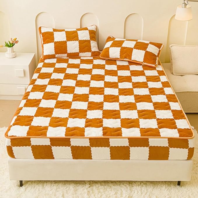 Milk Velvet Checkered Bedding Mattress Cover, Super Soft Elastic Bed Sheets with Pillowcase - Washable 12'' Deep Pocket Mattress Pad