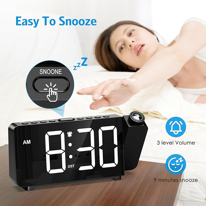 Digital Projection Alarm Clock for Bedroom Ceiling-Alarm Clocks with 180°Projector, 5 Level Brightness, DST, Snooze, Night Mode, Loud Alarms for Kids,Heavy Sleepers, 12/24H, for Bedroom