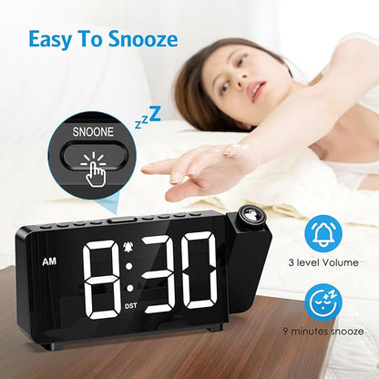 Digital Projection Alarm Clock for Bedroom Ceiling-Alarm Clocks with 180°Projector, 5 Level Brightness, DST, Snooze, Night Mode, Loud Alarms for Kids,Heavy Sleepers, 12/24H, for Bedroom