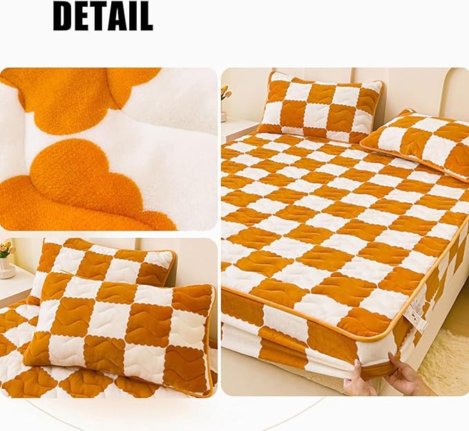 Milk Velvet Checkered Bedding Mattress Cover, Super Soft Elastic Bed Sheets with Pillowcase - Washable 12'' Deep Pocket Mattress Pad