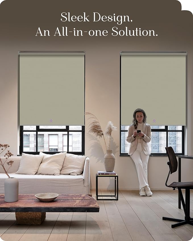 Graywind Smart Roller Shades 100% Blackout Window Blinds with APP Control Customized Automatic Shades for Home and Office(32" Wx72 H,Beige)