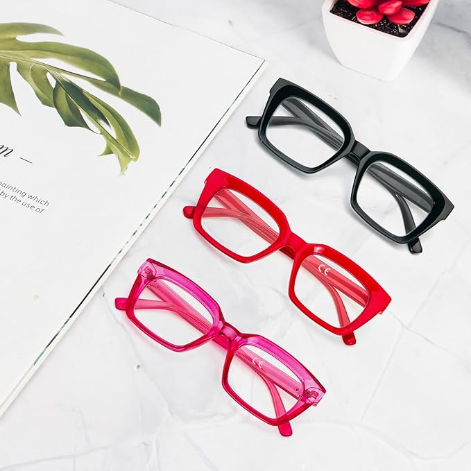 DXYXYO Oprah Style Reading Glasses Women 3.5 Blue Light Blocking, Square Oversized Computer Readers 3 Pack Retro Fashion, Pink+red+black