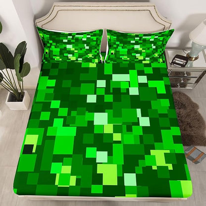 Pixel Grid Kids Full Size Fitted Sheet,Plaid Video Games Lattice Room Decor,Geometric Abstract Check Boys Girls Bed Sheets,Green Bedding Set,2 Pillowcases(No Flat)
