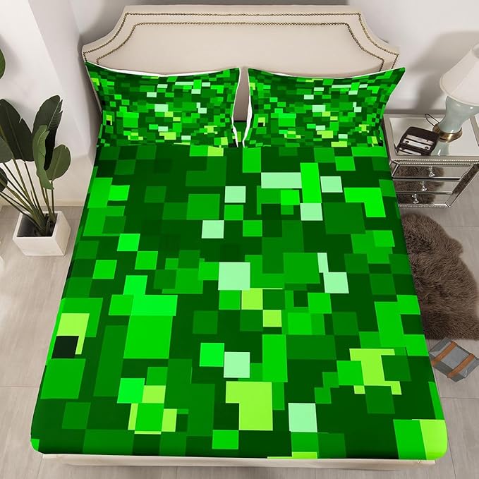 Pixelated Game Kids Queen Size Fitted Sheet,Video Games Abstract Gaming Boys Girls Bed Sheets,Geometric Gamepad Square Room Decor,Light Green Bedding Set,2 Pillowcases(No Flat)