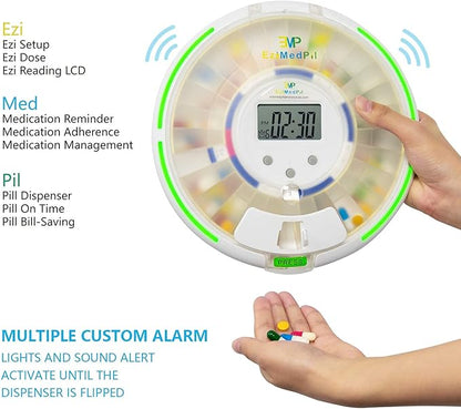 EziMedPil Automatic Pill Dispenser with Alarm, Sound & Light, up to 6 Alarms/Day, 6 Dosage Templates, Easy-Read Display, Frosted Lid & Locked 28-Day Medication Dispenser for Protecting Pills Privacy