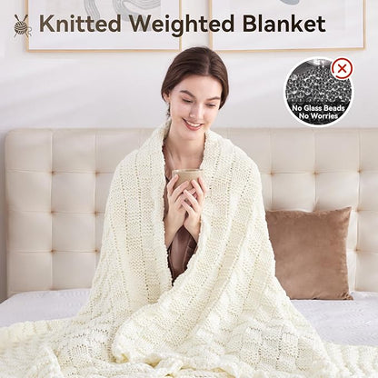 Knitted Weighted Blanket Kids, No Beads Heavy Blanket 36” x 48'' 3lbs, Breathable Chunky Knit Blanket, Cooling Weighted Blanket for Hot Sleepers, Christmas Home Decor (Ivory White)