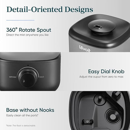 LEVOIT Classic 160 Top-Fill Ultrasonic Cool Mist Humidifier, Super Easy to Fill and Clean, Quiet Operation for Bedroom Home Baby & Plants, Auto Shut-off for Safety, 360° Rotating Nozzle, 2.5L, Black