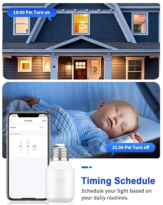 Remote Control Light Socket with Wifi(2.4G Only), Smart WiFi & Bluetooth & RF433 E26 E27 Light Bulb Adapter & Wireless Wall Switch, Remote and APP Control, Voice Control with Alexa and Google