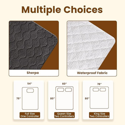 Bearhug Electric Heated Mattress Pads Full Size 54”×75” Sherpa Bed Warmer with 21” Deep Pocket 10 Heat Settings 12-Hour Timer Machine Washable Gray